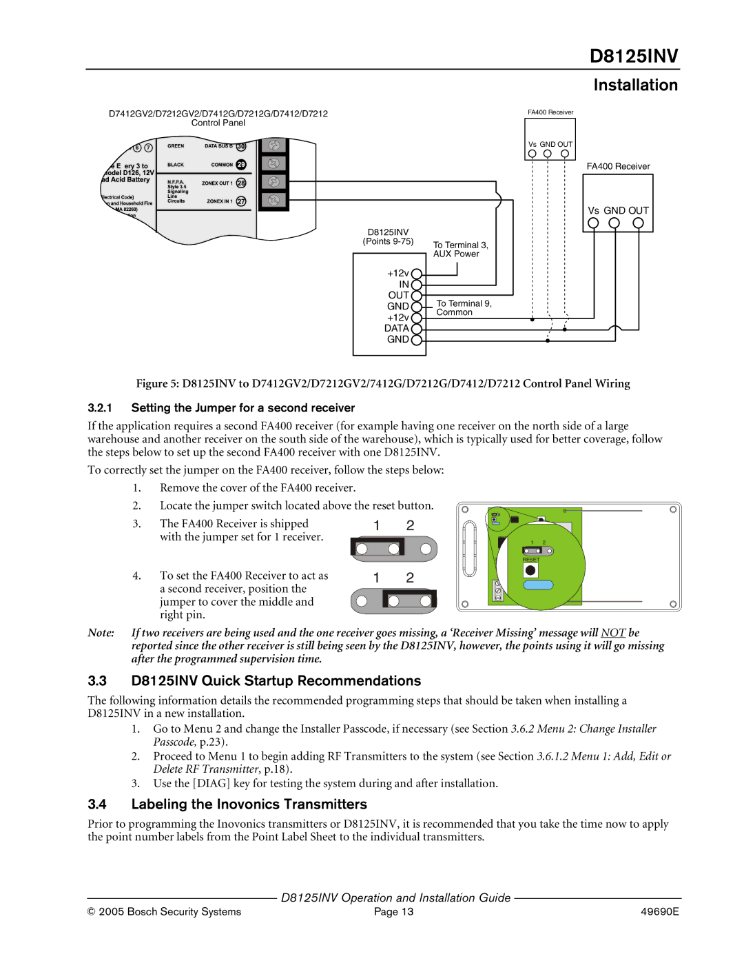 Bosch Appliances manual D8125INV Quick Startup Recommendations, Labeling the Inovonics Transmitters 