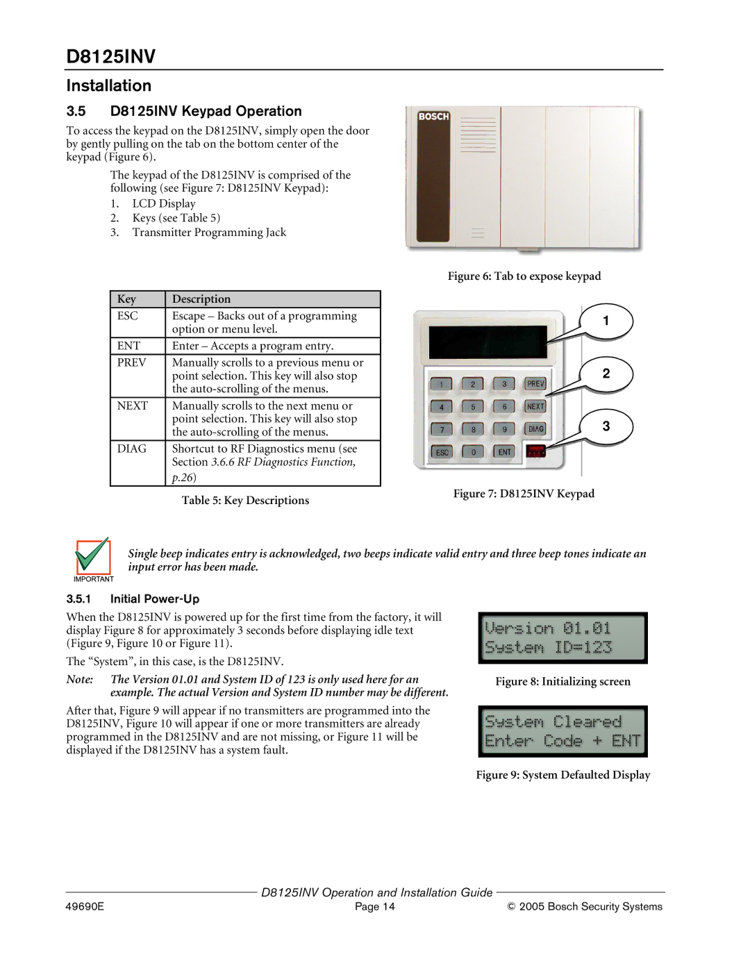 Bosch Appliances manual D8125INV Keypad Operation, Key Descriptions, Initial Power-Up 