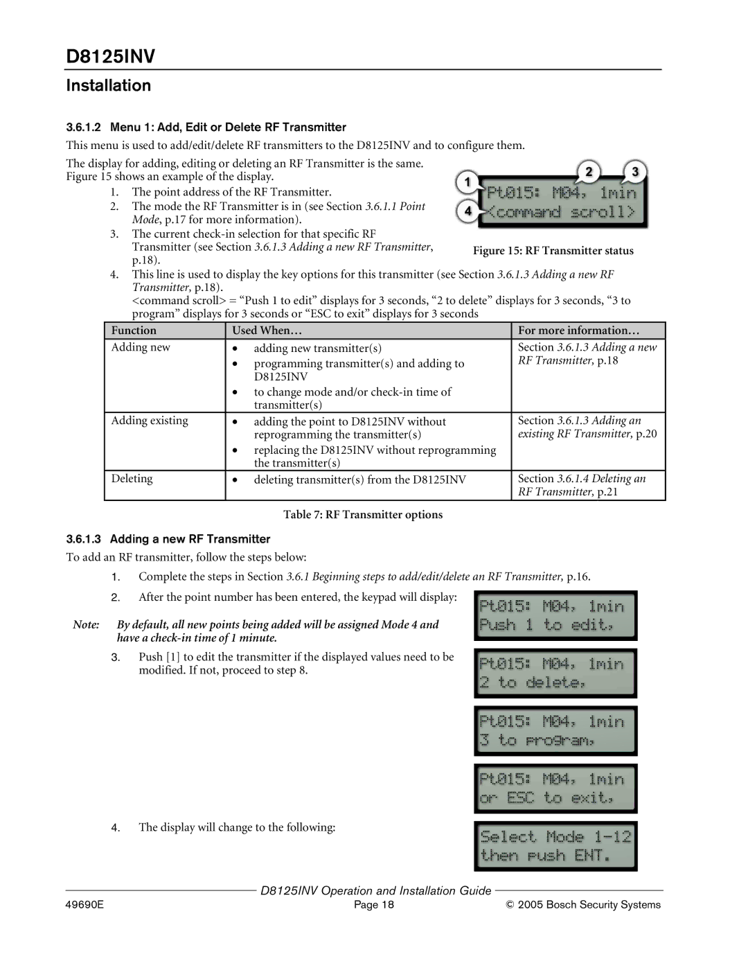 Bosch Appliances D8125INV manual Menu 1 Add, Edit or Delete RF Transmitter, Function Used When… For more information… 