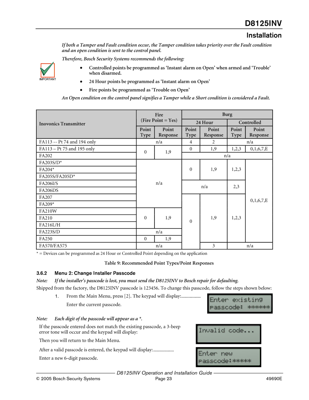 Bosch Appliances D8125INV manual Recommended Point Types/Point Responses, Menu 2 Change Installer Passcode 