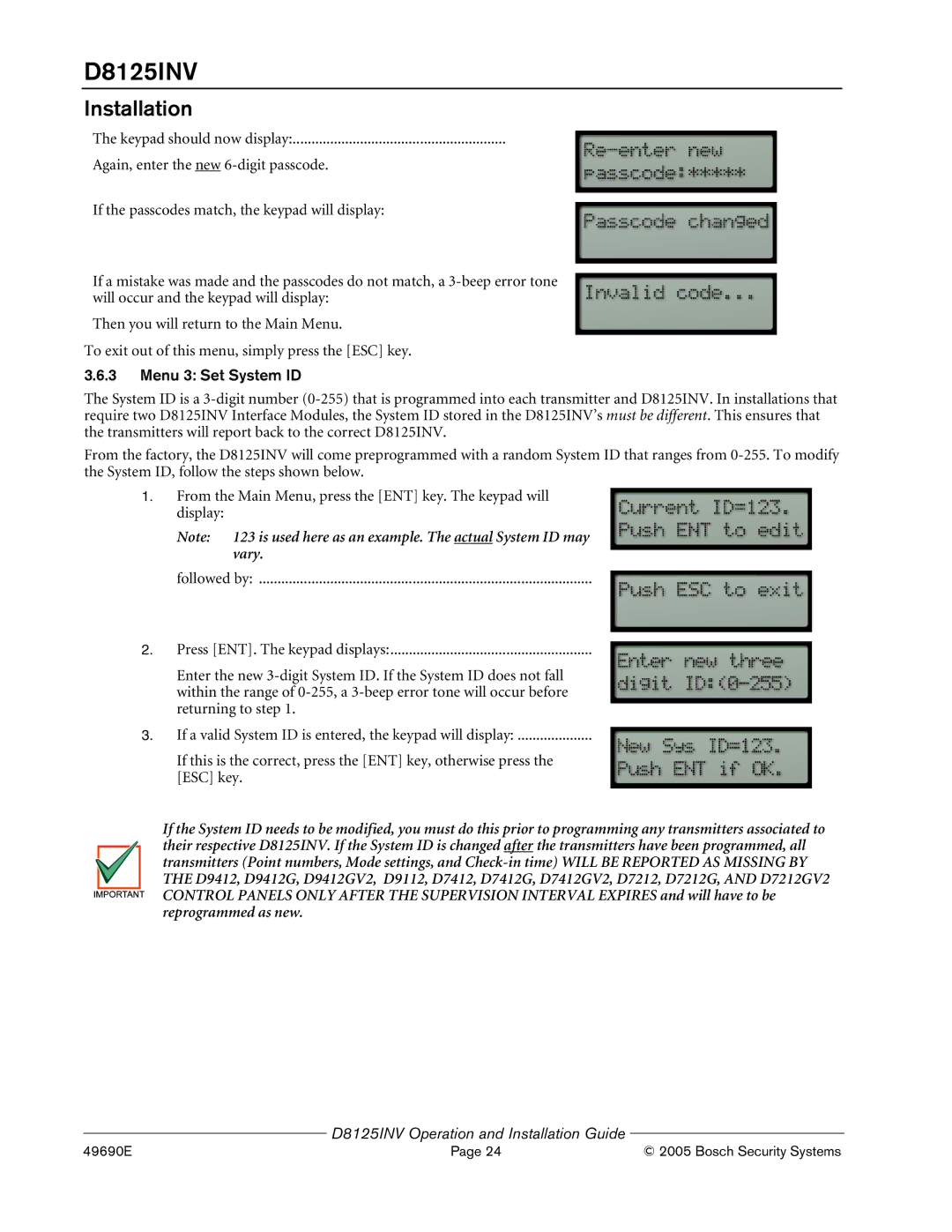 Bosch Appliances D8125INV manual Menu 3 Set System ID 