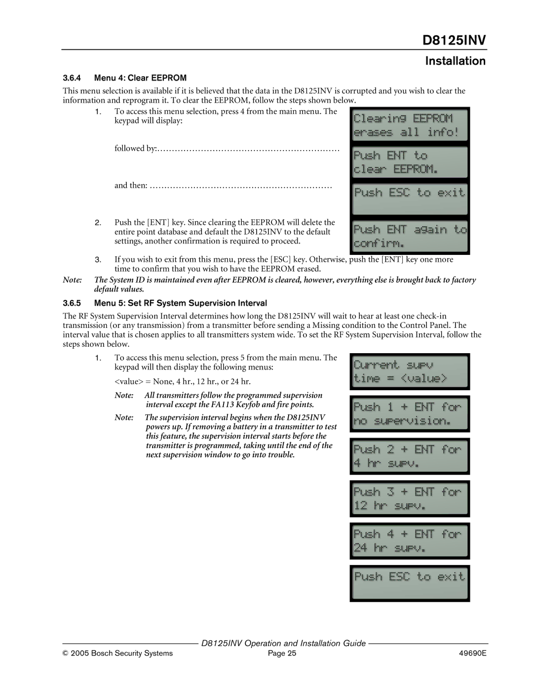 Bosch Appliances D8125INV manual Menu 4 Clear Eeprom, Menu 5 Set RF System Supervision Interval 