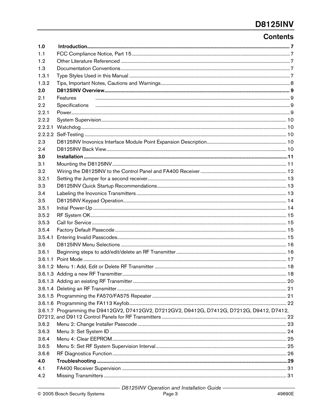 Bosch Appliances D8125INV manual Contents 