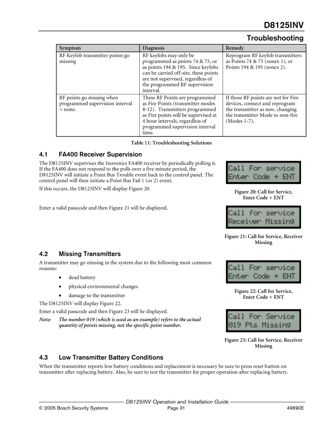 Bosch Appliances D8125INV manual FA400 Receiver Supervision, Missing Transmitters, Low Transmitter Battery Conditions 