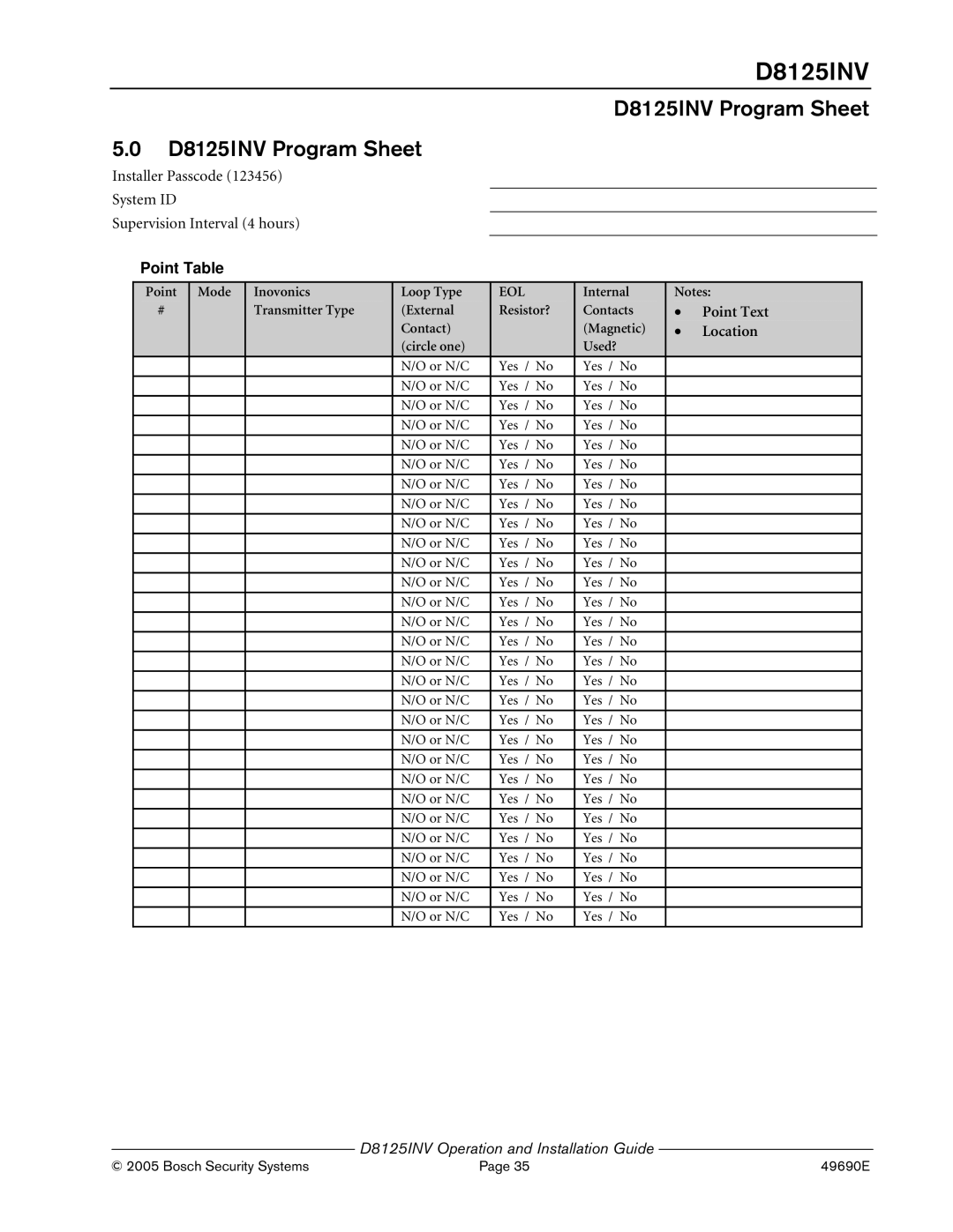 Bosch Appliances manual D8125INV Program Sheet, Point Text, Location 