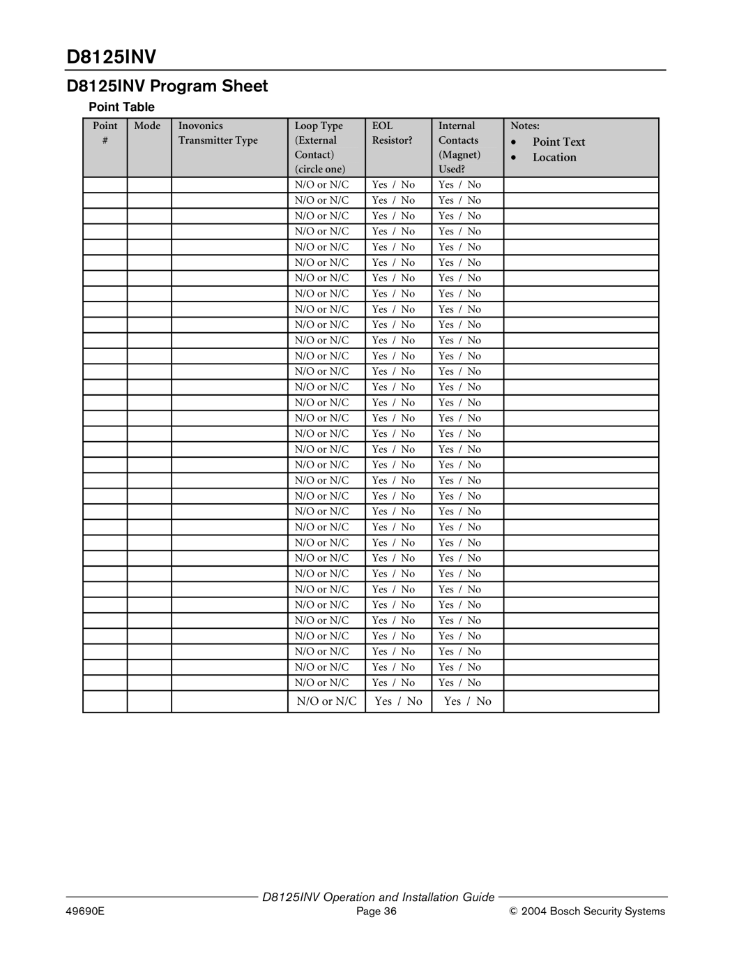 Bosch Appliances D8125INV manual Or N/C Yes / No 