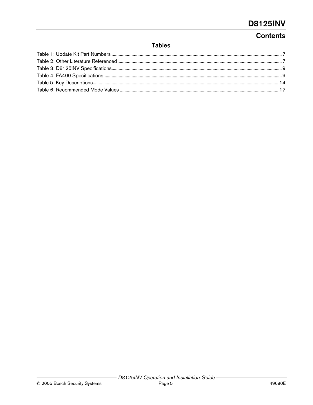 Bosch Appliances D8125INV manual Tables 