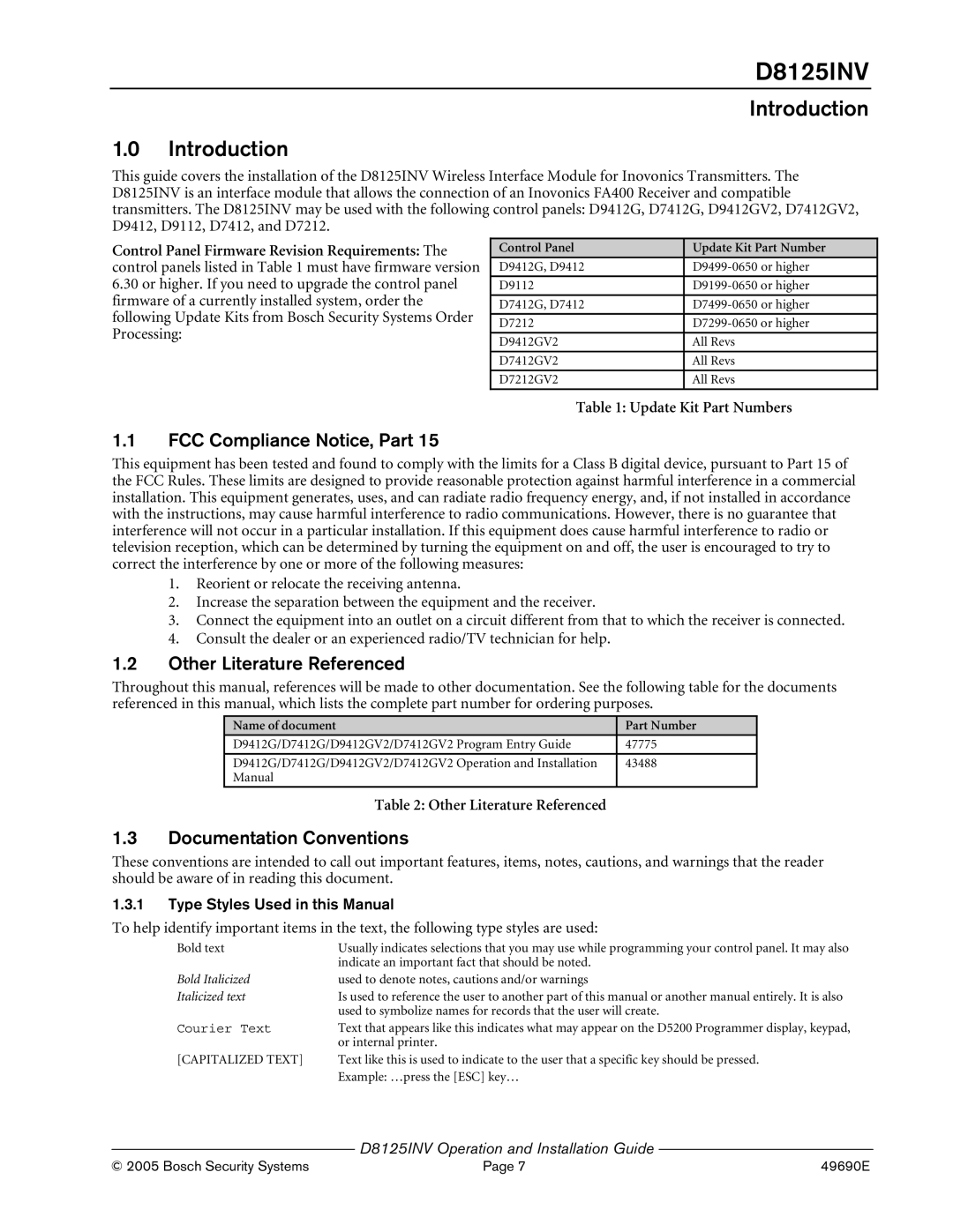 Bosch Appliances D8125INV manual Introduction, FCC Compliance Notice, Part, Other Literature Referenced 