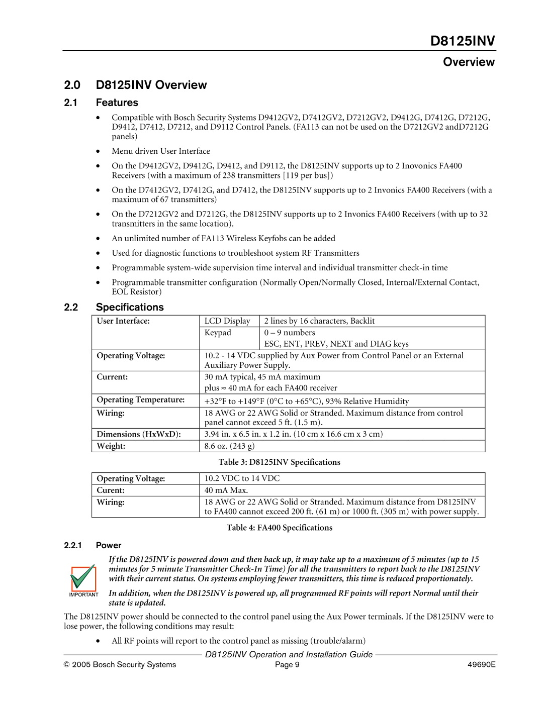 Bosch Appliances manual Overview D8125INV Overview, Features, Specifications 