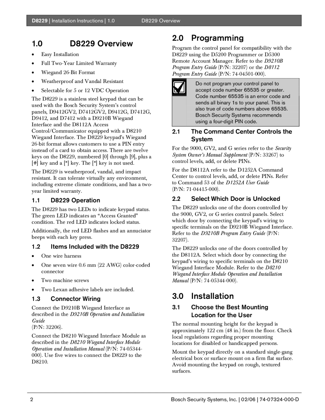 Bosch Appliances installation instructions D8229 Overview, Programming, Installation 