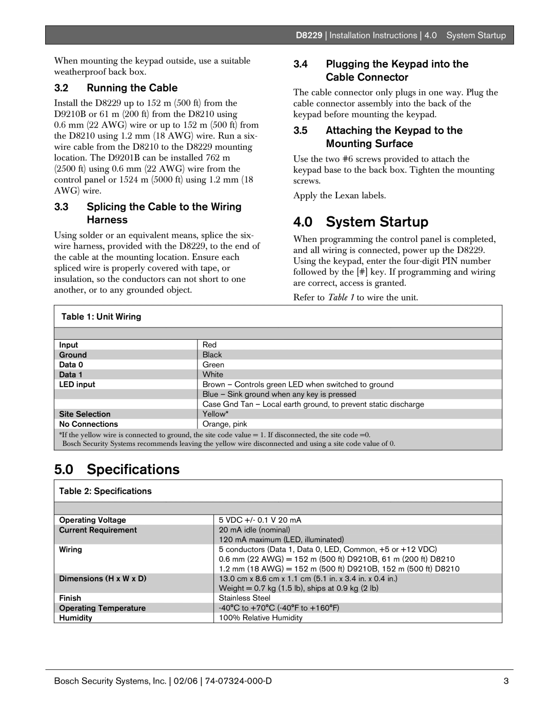 Bosch Appliances D8229 System Startup, Specifications, Running the Cable, Attaching the Keypad to the Mounting Surface 