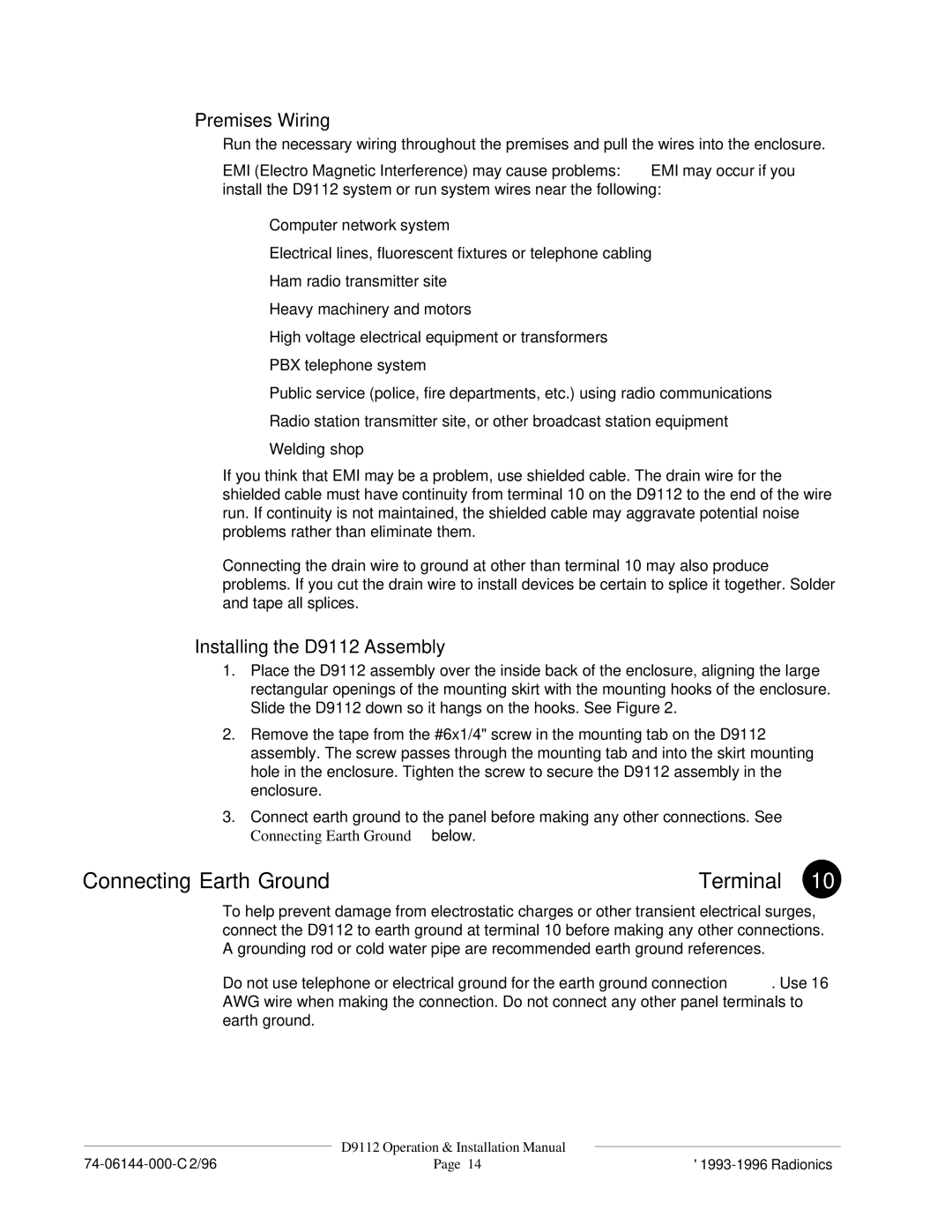 Bosch Appliances installation manual Connecting Earth Ground Terminal, Premises Wiring, Installing the D9112 Assembly 