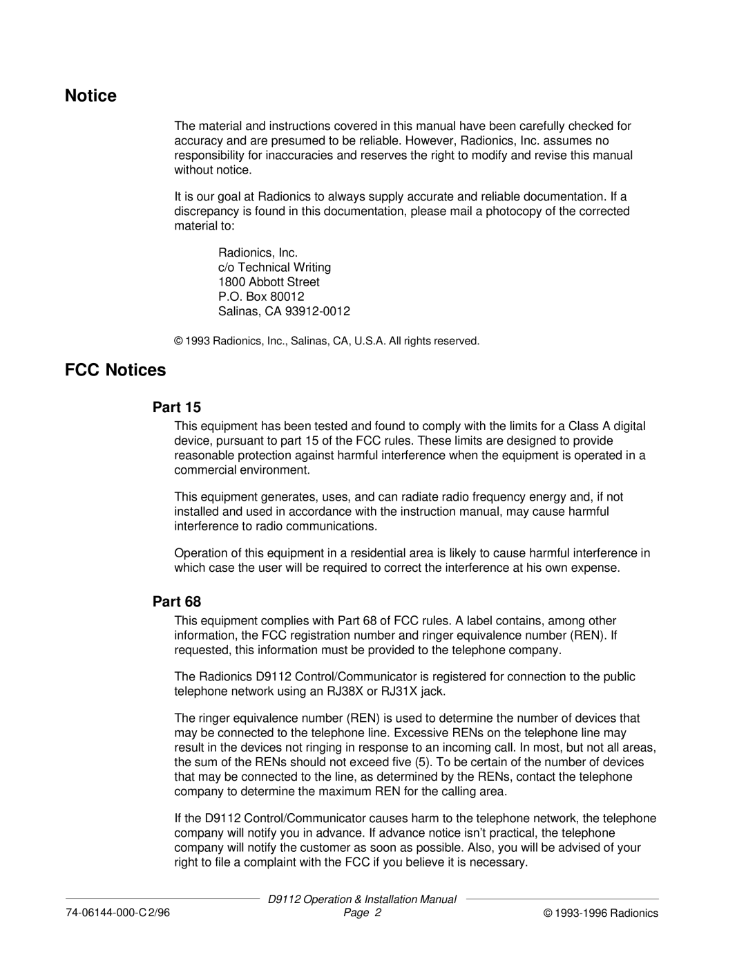 Bosch Appliances D9112 installation manual FCC Notices, Part 