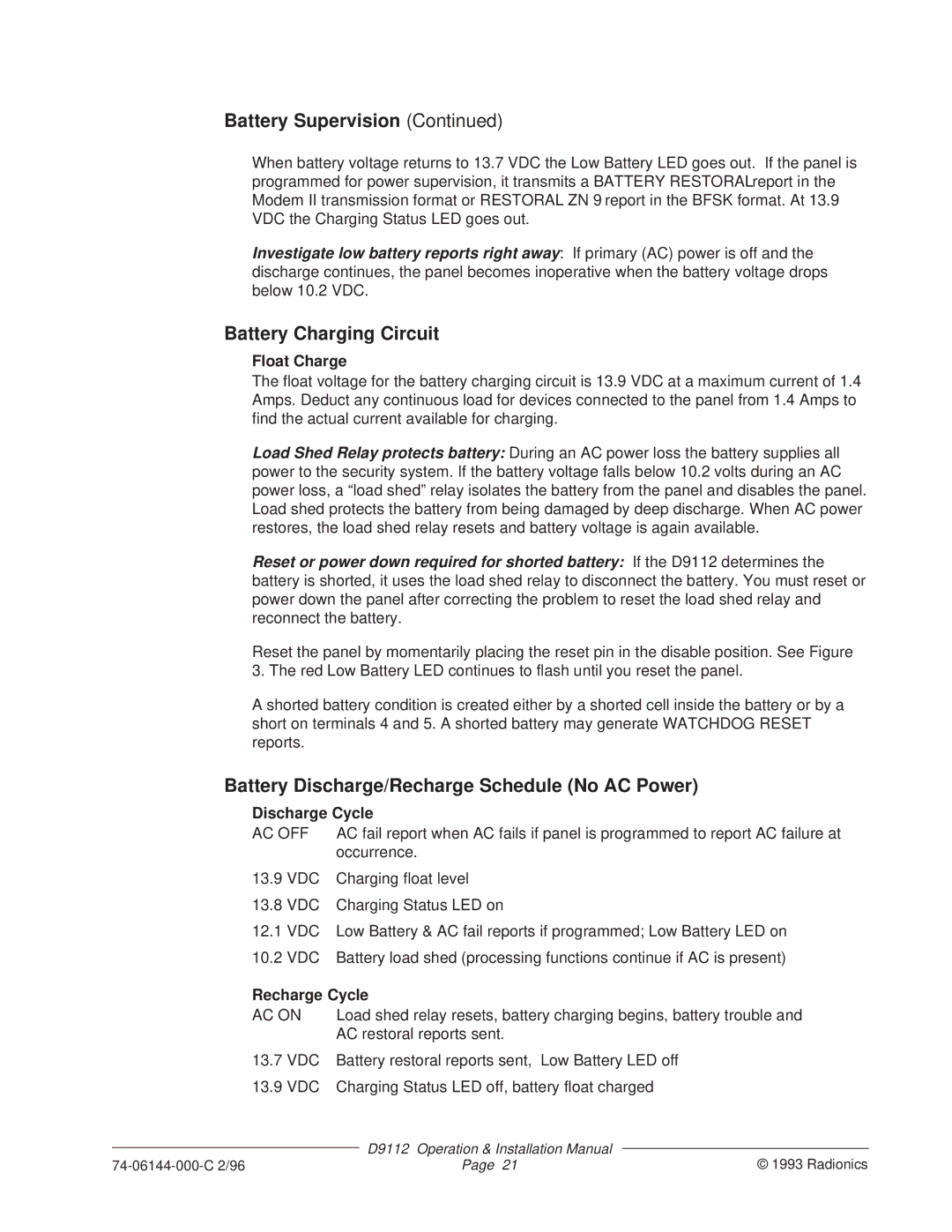 Bosch Appliances D9112 Battery Charging Circuit, Battery Discharge/Recharge Schedule No AC Power, Float Charge 