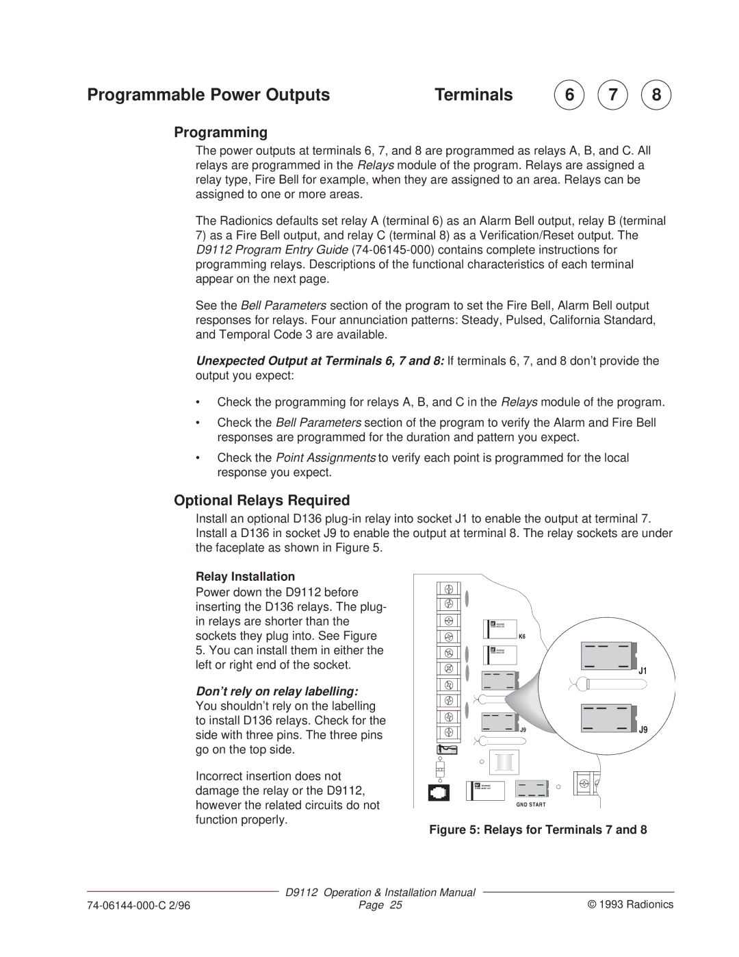 Bosch Appliances D9112 Programmable Power Outputs Terminals, Programming, Optional Relays Required, Relay Installation 