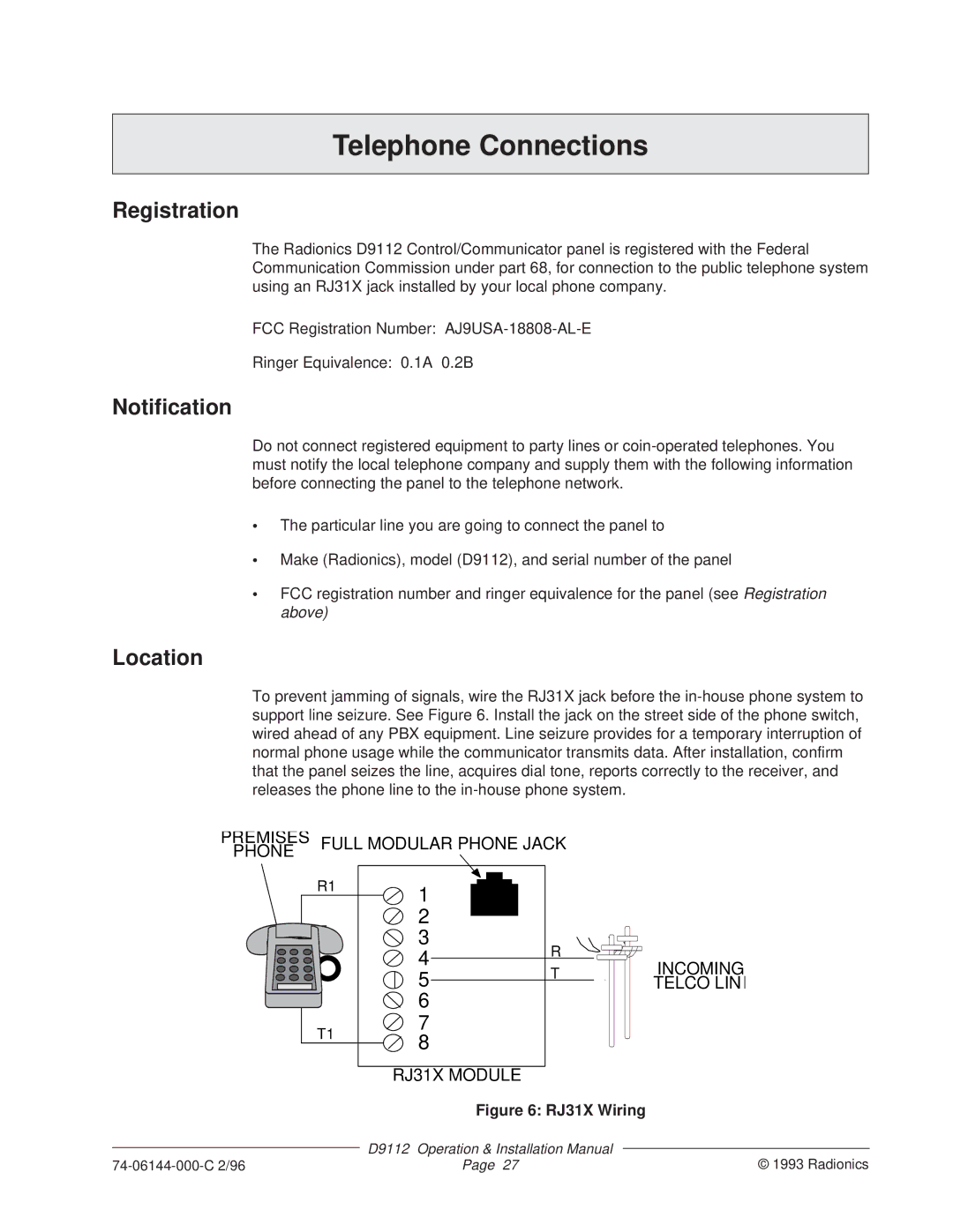 Bosch Appliances D9112 installation manual Telephone Connections, Registration, Notification, Location 