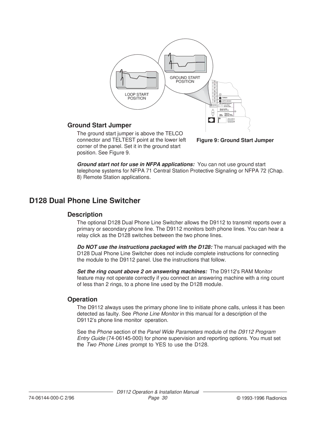 Bosch Appliances D9112 installation manual D128 Dual Phone Line Switcher, Ground Start Jumper, Description, Operation 