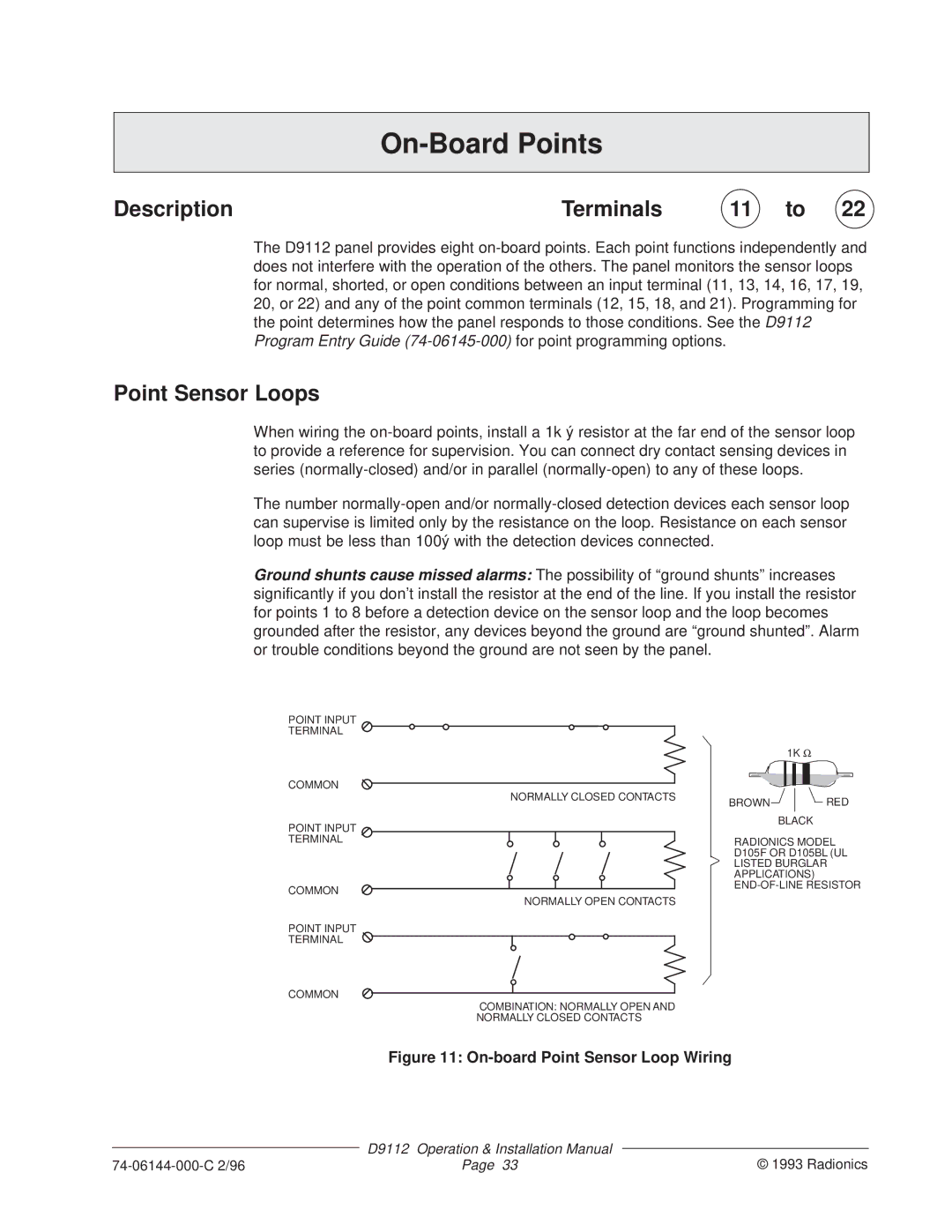 Bosch Appliances D9112 installation manual On-Board Points, Description Terminals 11 to, Point Sensor Loops 