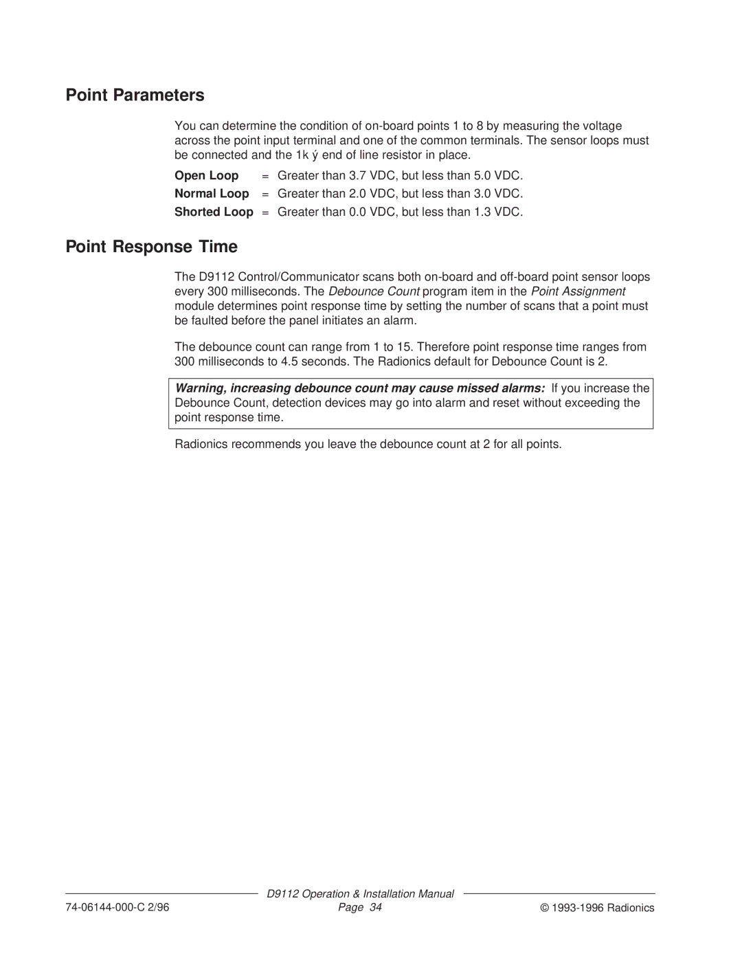 Bosch Appliances D9112 installation manual Point Parameters, Point Response Time 