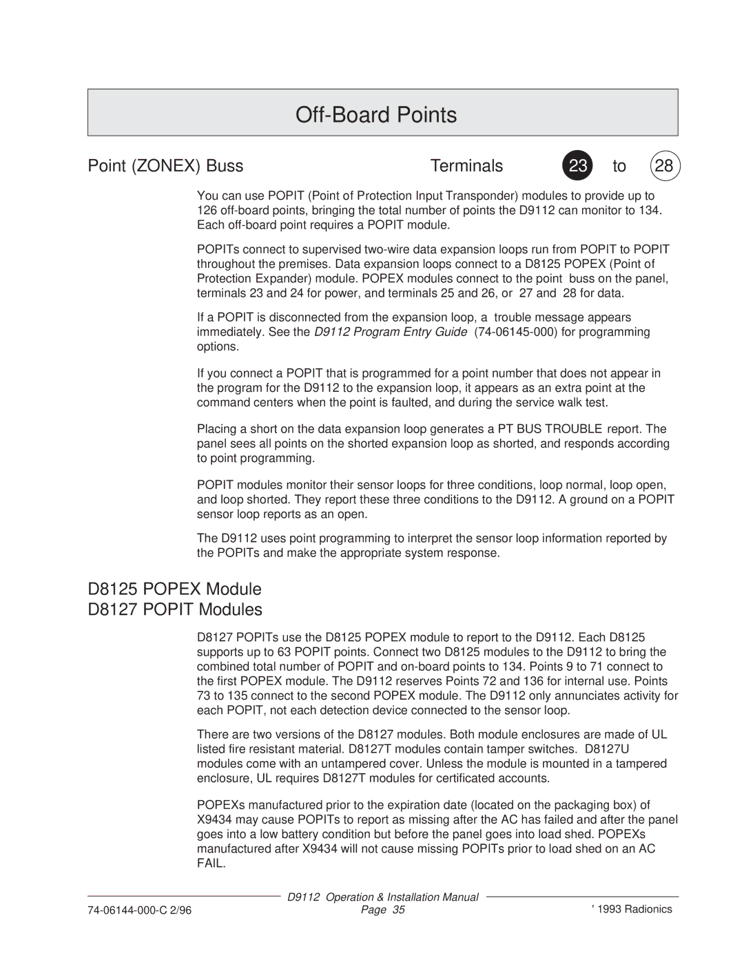 Bosch Appliances D9112 Off-Board Points, Point Zonex Buss Terminals 23 to, D8125 Popex Module D8127 Popit Modules 