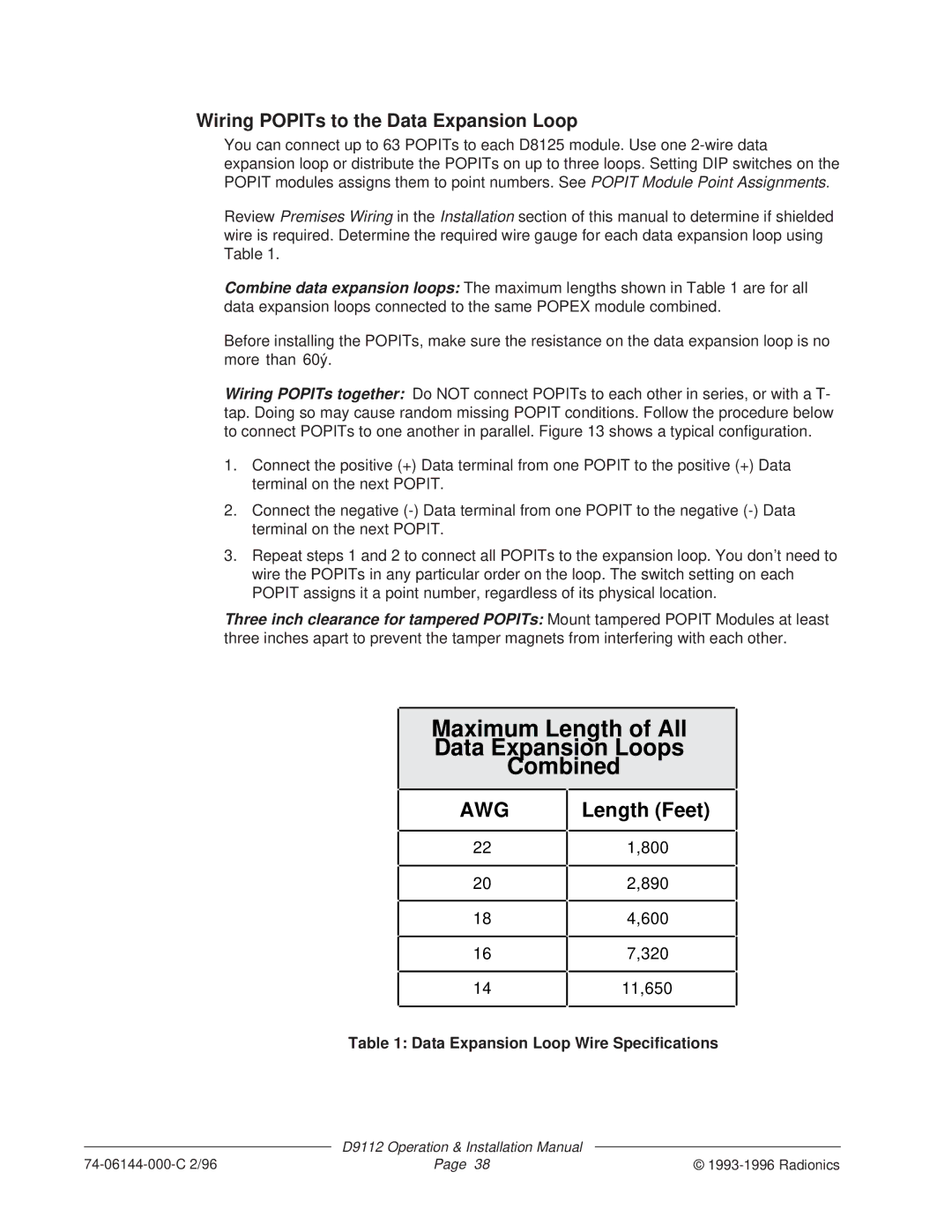 Bosch Appliances D9112 Wiring POPITs to the Data Expansion Loop, Data Expansion Loop Wire Specifications 