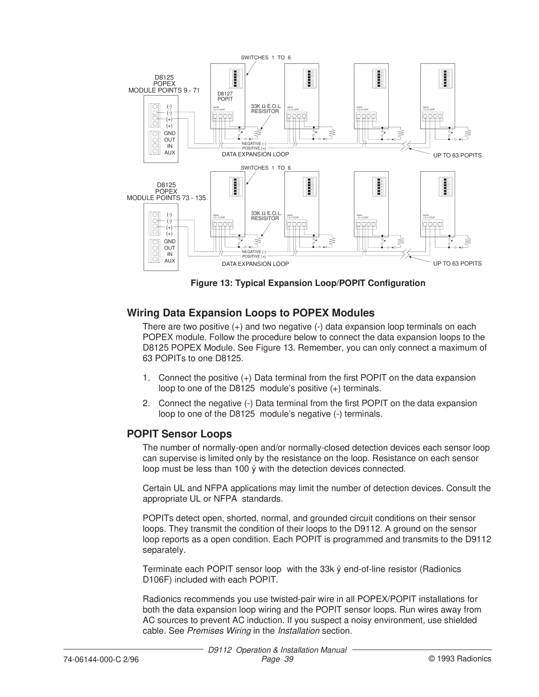 Bosch Appliances D9112 installation manual Wiring Data Expansion Loops to Popex Modules, Popit Sensor Loops 