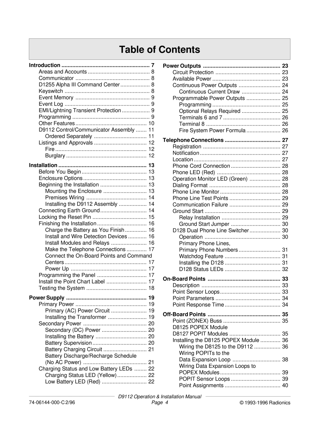 Bosch Appliances D9112 installation manual Table of Contents 