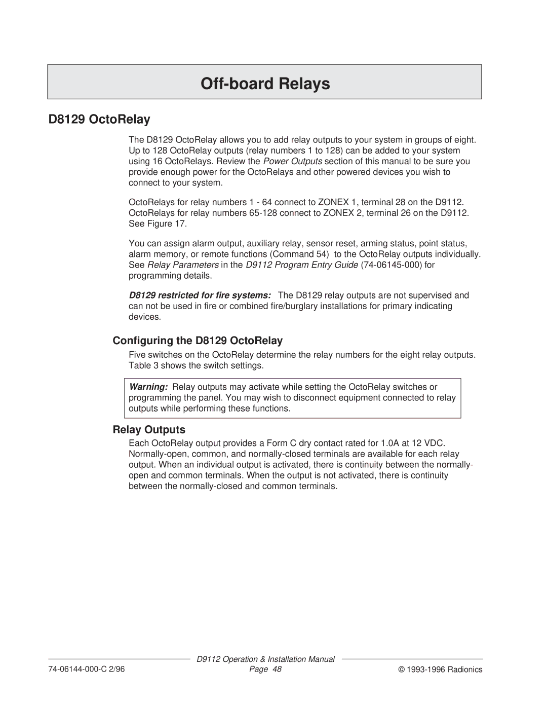 Bosch Appliances D9112 installation manual Off-board Relays, Configuring the D8129 OctoRelay, Relay Outputs 