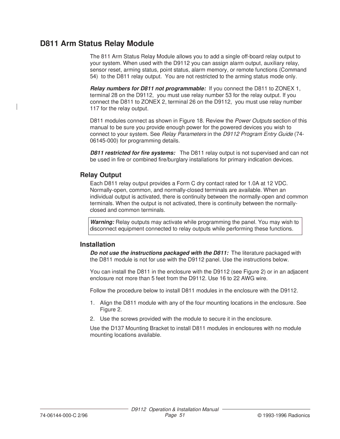 Bosch Appliances D9112 installation manual D811 Arm Status Relay Module, Relay Output 