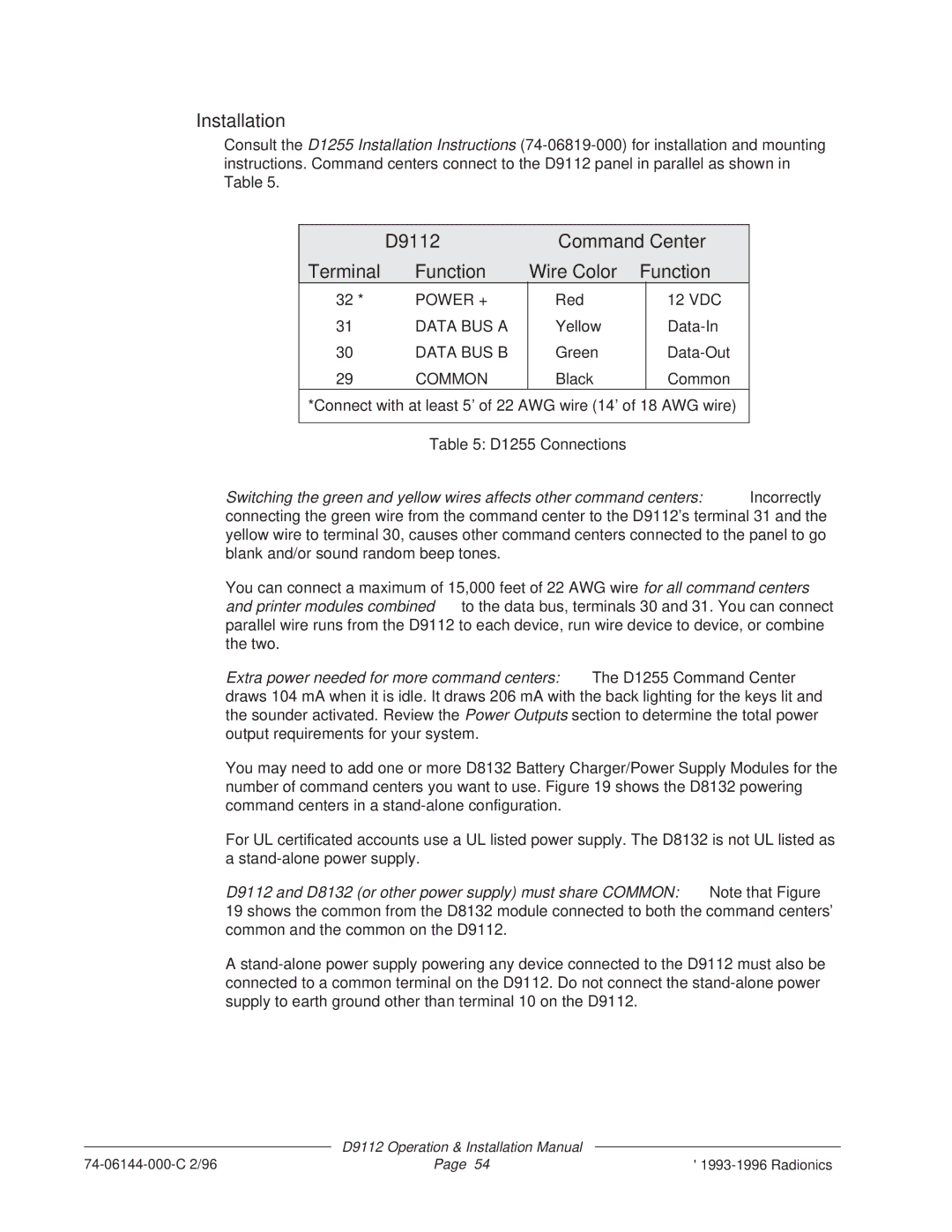 Bosch Appliances installation manual D9112 Command Center Terminal Function Wire Color, D1255 Connections 