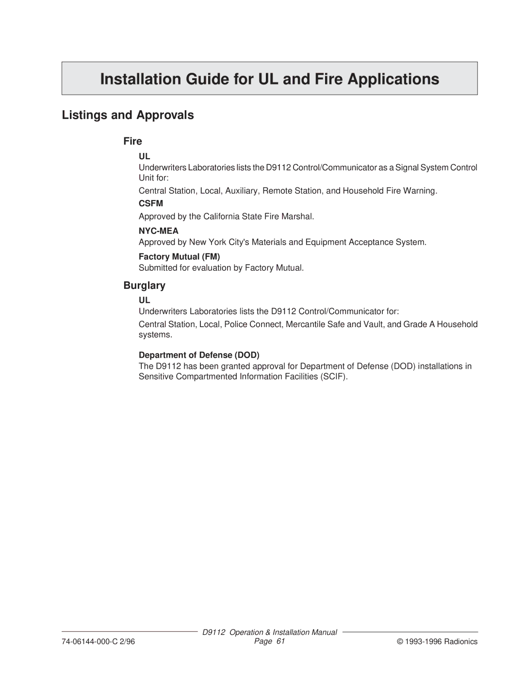 Bosch Appliances D9112 installation manual Installation Guide for UL and Fire Applications, Listings and Approvals 