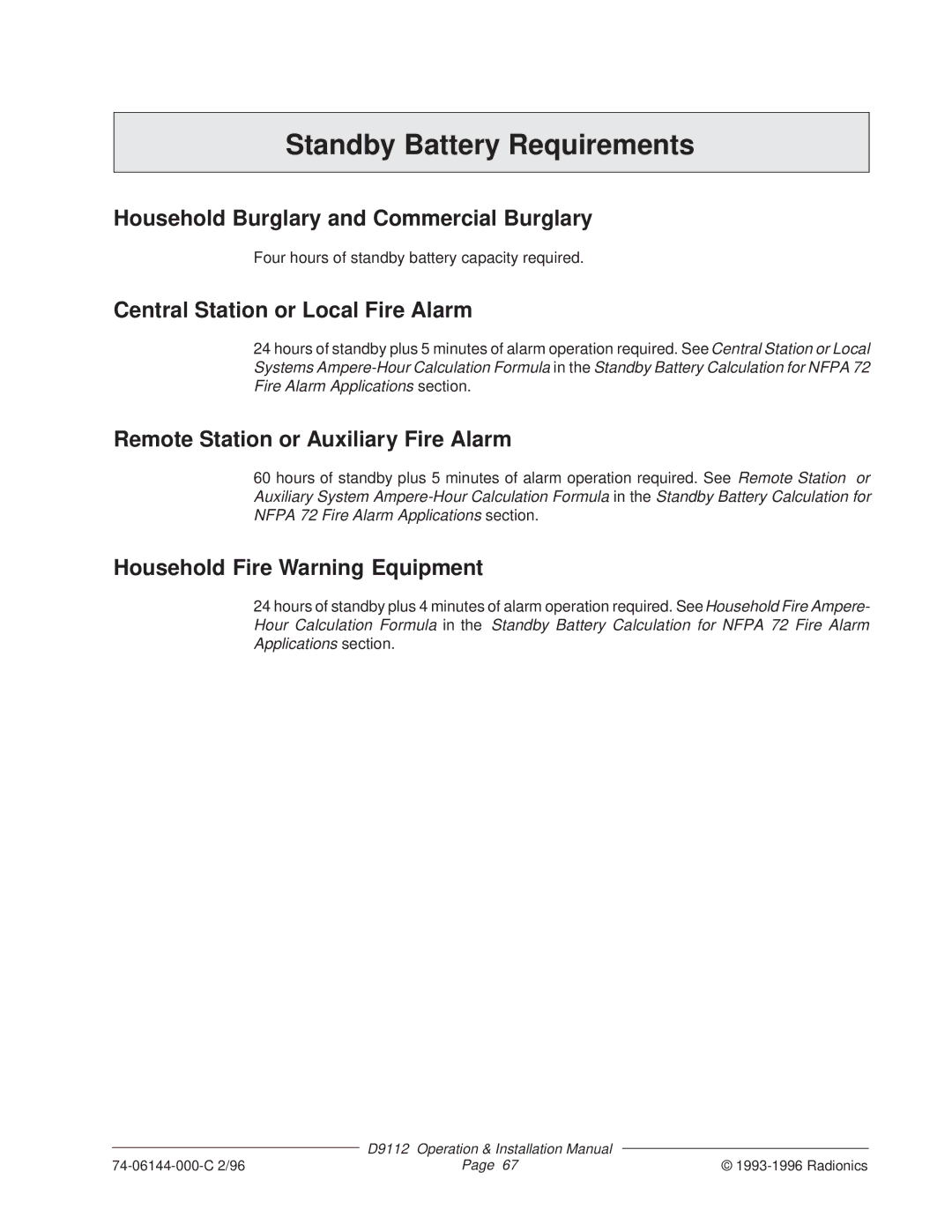 Bosch Appliances D9112 installation manual Standby Battery Requirements, Household Burglary and Commercial Burglary 