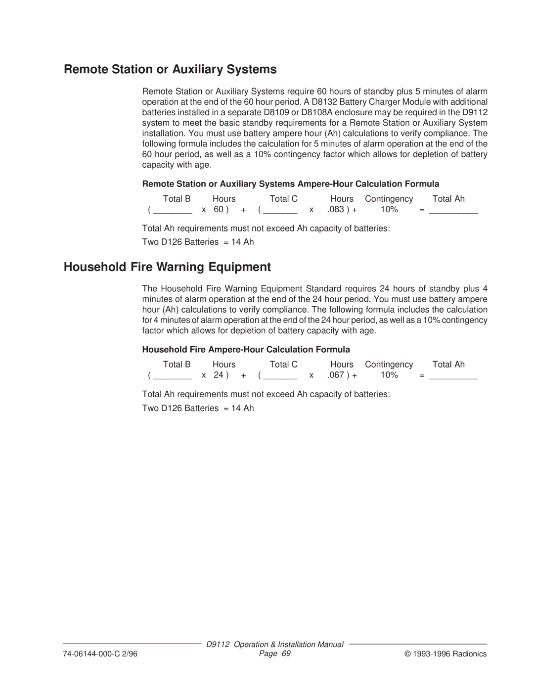 Bosch Appliances D9112 Remote Station or Auxiliary Systems, Household Fire Ampere-Hour Calculation Formula 