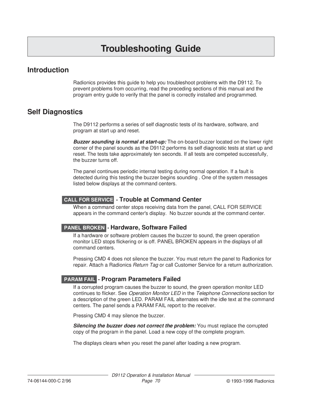 Bosch Appliances D9112 Troubleshooting Guide, Self Diagnostics, Call for Service Trouble at Command Center 