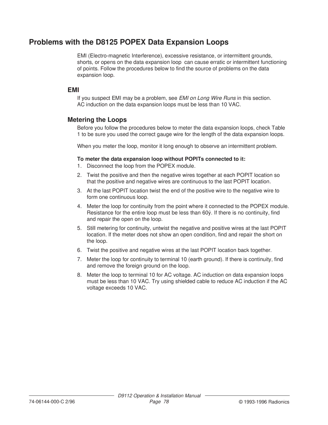 Bosch Appliances D9112 installation manual Problems with the D8125 Popex Data Expansion Loops, Metering the Loops 