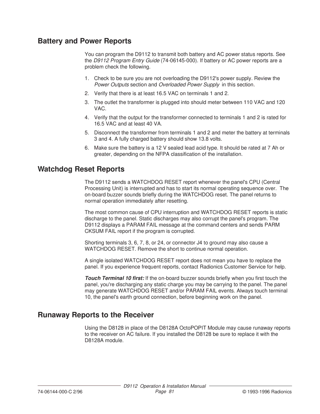 Bosch Appliances D9112 Battery and Power Reports, Watchdog Reset Reports, Runaway Reports to the Receiver 