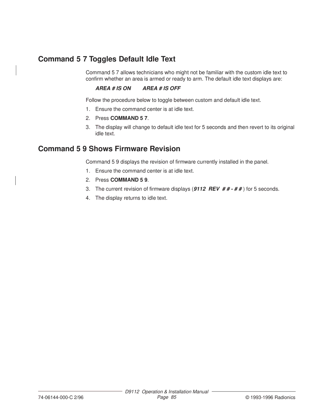 Bosch Appliances D9112 Command 5 7 Toggles Default Idle Text, Command 5 9 Shows Firmware Revision, Press Command 5 