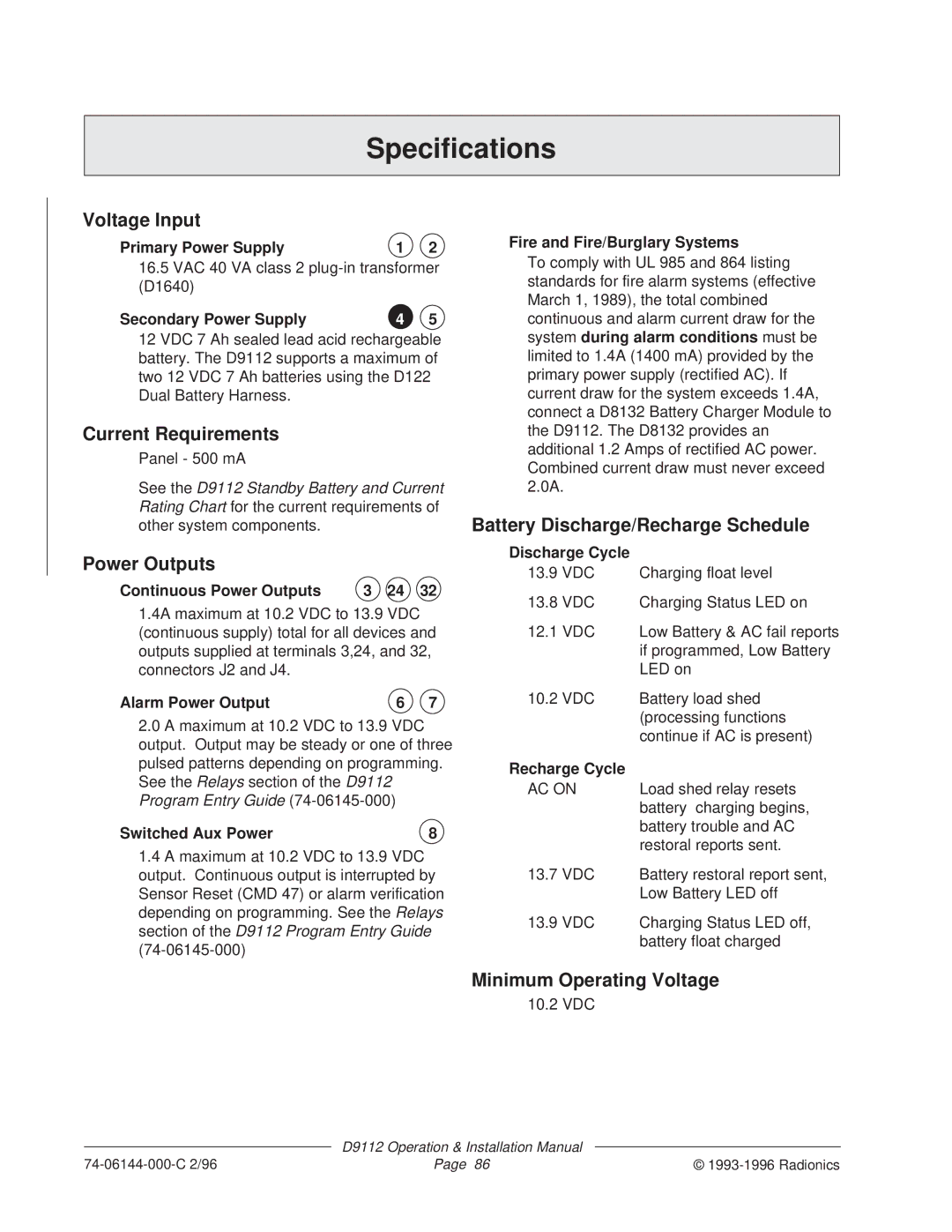 Bosch Appliances D9112 installation manual Specifications 