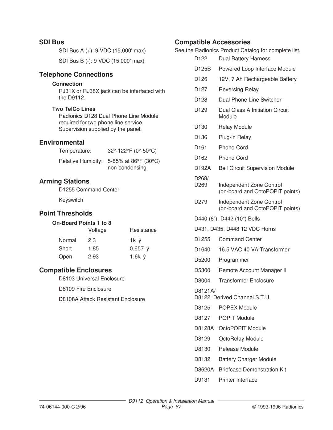 Bosch Appliances D9112 installation manual SDI Bus, Telephone Connections, Environmental, Arming Stations, Point Thresholds 