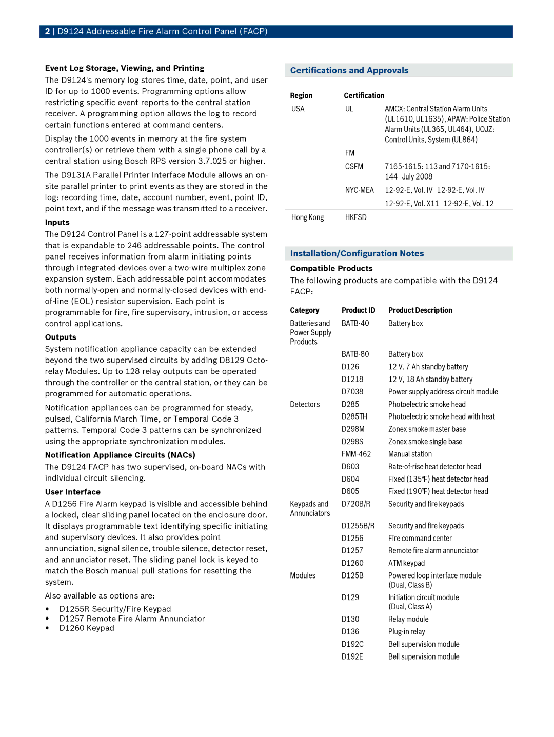 Bosch Appliances D9124 manual Certifications and Approvals, Installation/Configuration Notes 