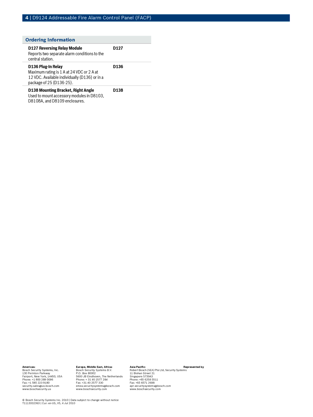 Bosch Appliances D9124 manual D127 Reversing Relay Module 