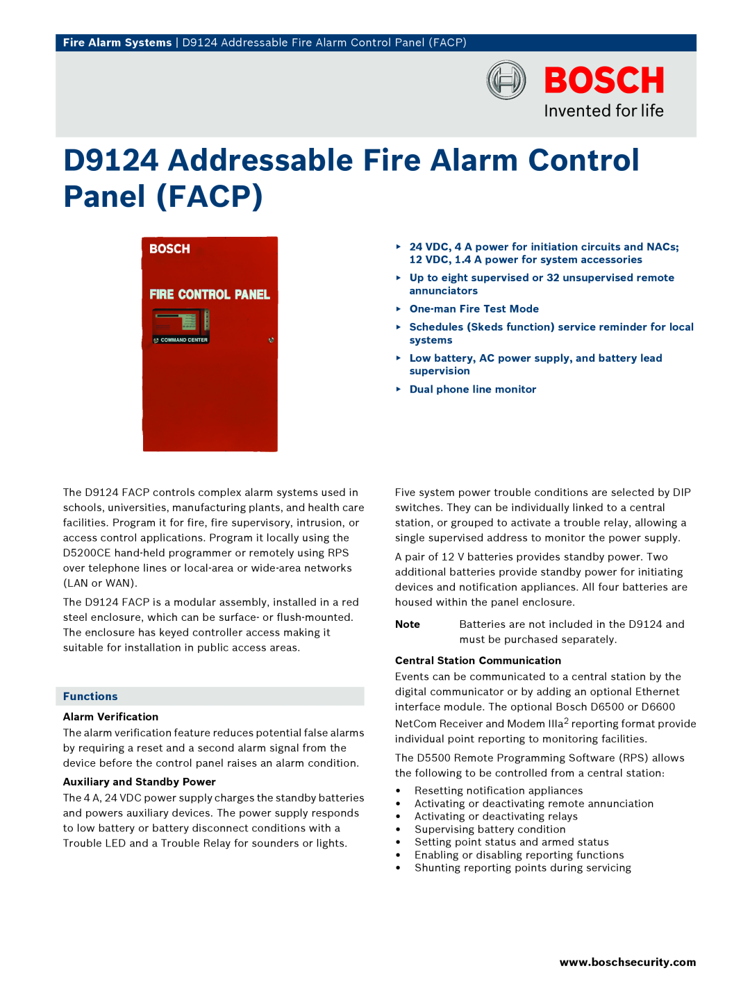 Bosch Appliances manual Fire Alarm Systems D9124 Addressable Fire Alarm Control Panel FACP, Functions 