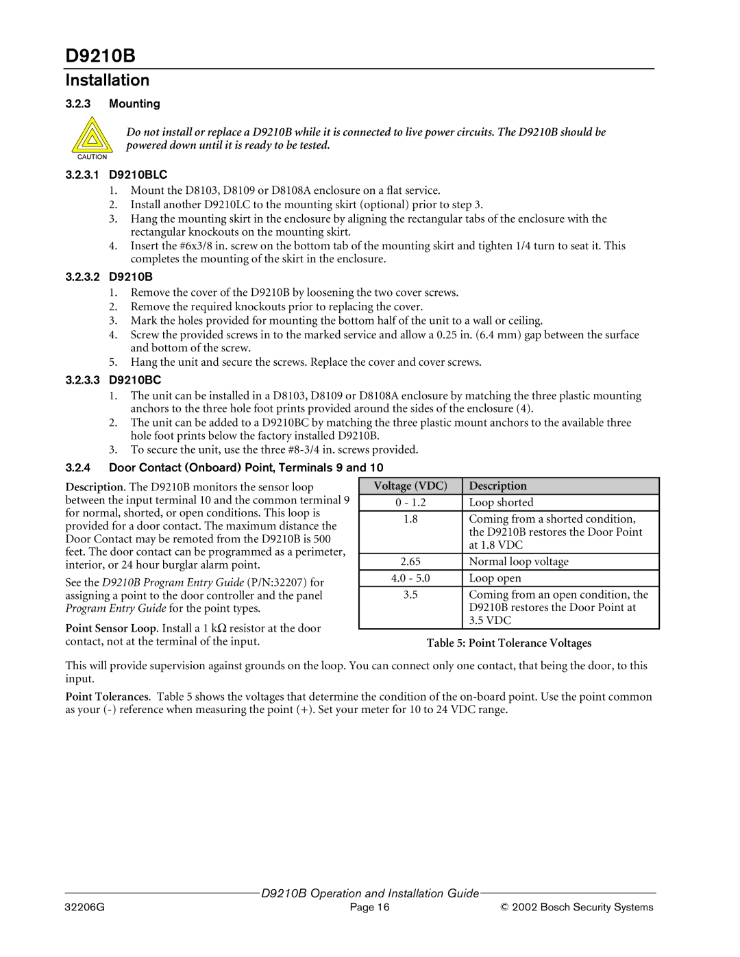 Bosch Appliances D9210B manual Voltage VDC Description Loop shorted, Point Tolerance Voltages 