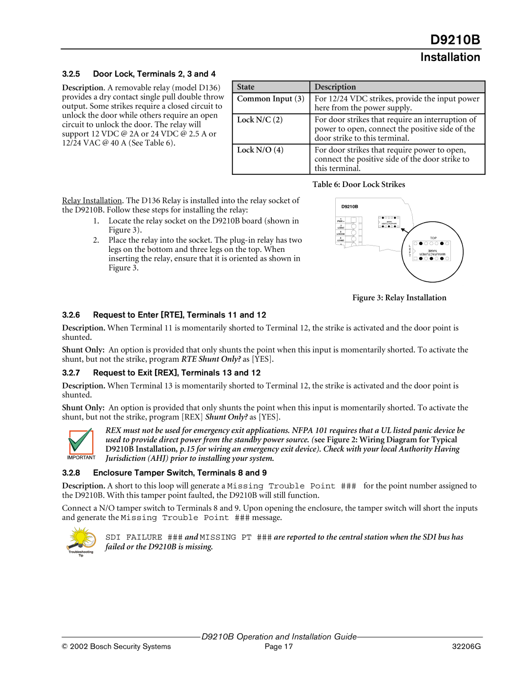 Bosch Appliances D9210B manual State Description Common Input, Lock N/C, Lock N/O, Door Lock Strikes 