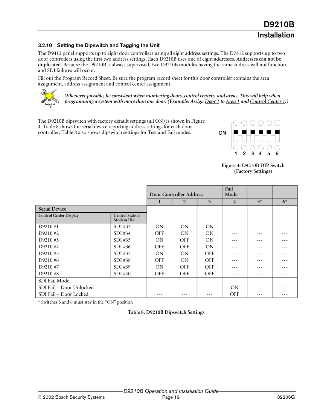 Bosch Appliances manual Setting the Dipswitch and Tagging the Unit, D9210B Dipswitch Settings 