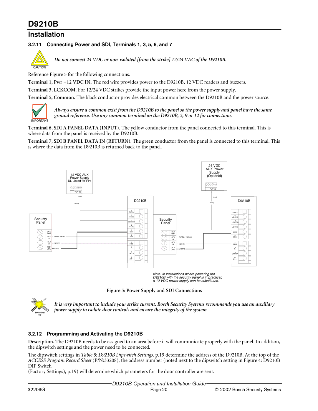 Bosch Appliances manual Connecting Power and SDI, Terminals 1, 3, 5, 6, Programming and Activating the D9210B 