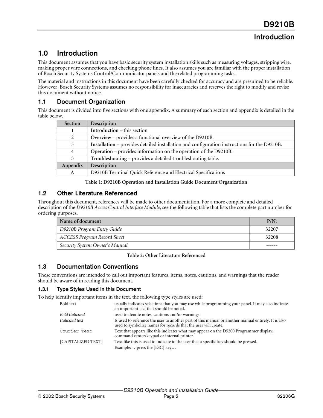 Bosch Appliances D9210B manual Introduction, Document Organization, Other Literature Referenced, Documentation Conventions 