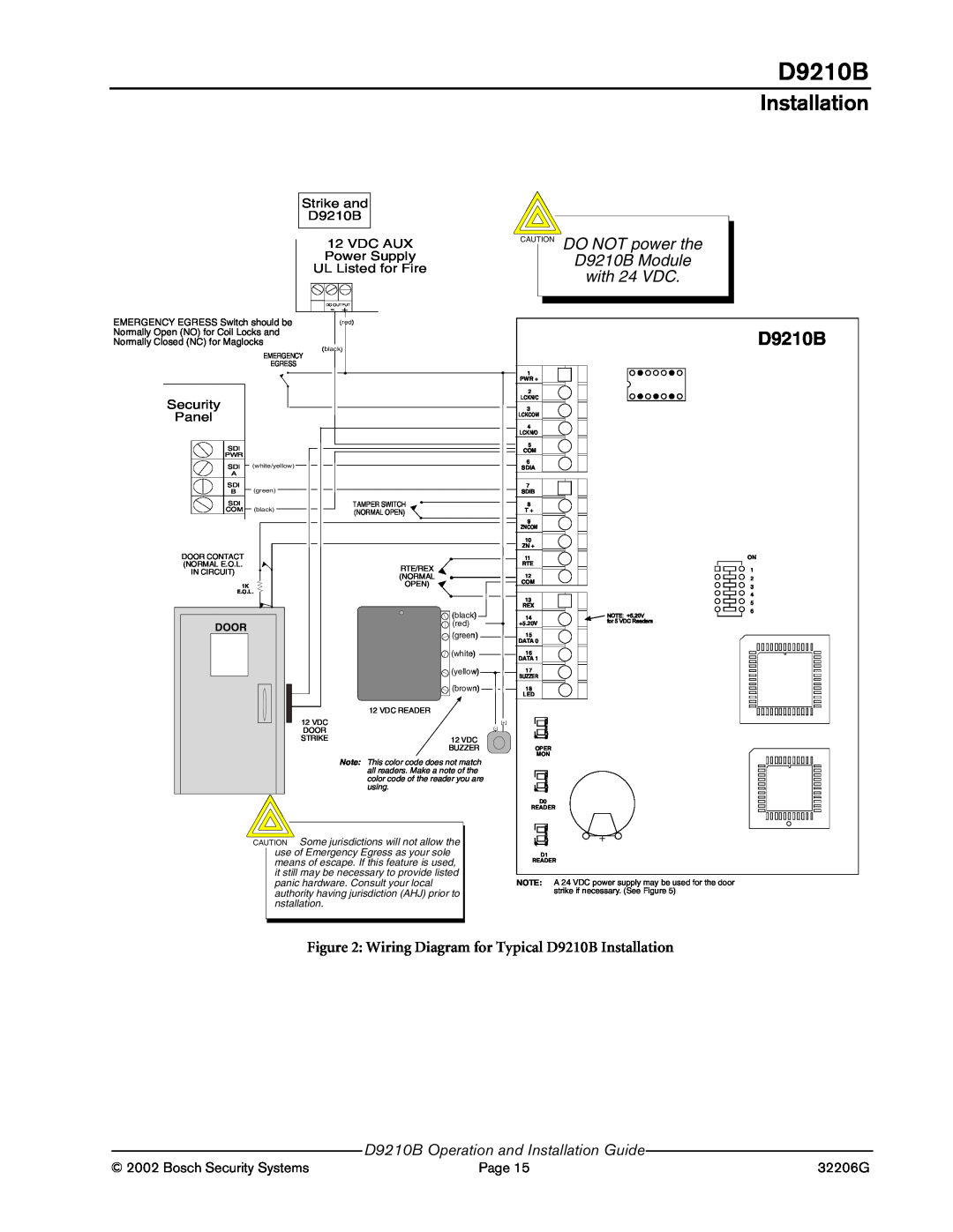 Bosch Appliances Wiring Diagram for Typical D9210B Installation, CAUTION DO NOT power the, with 24 VDC, D9210B Module 