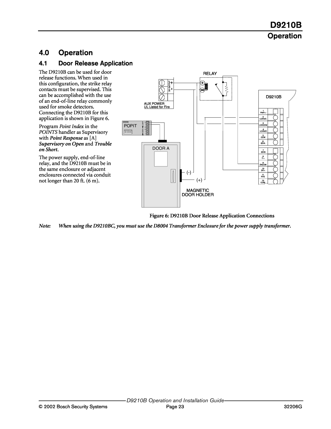 Bosch Appliances manual Operation 4.0 Operation, D9210B Door Release Application Connections 