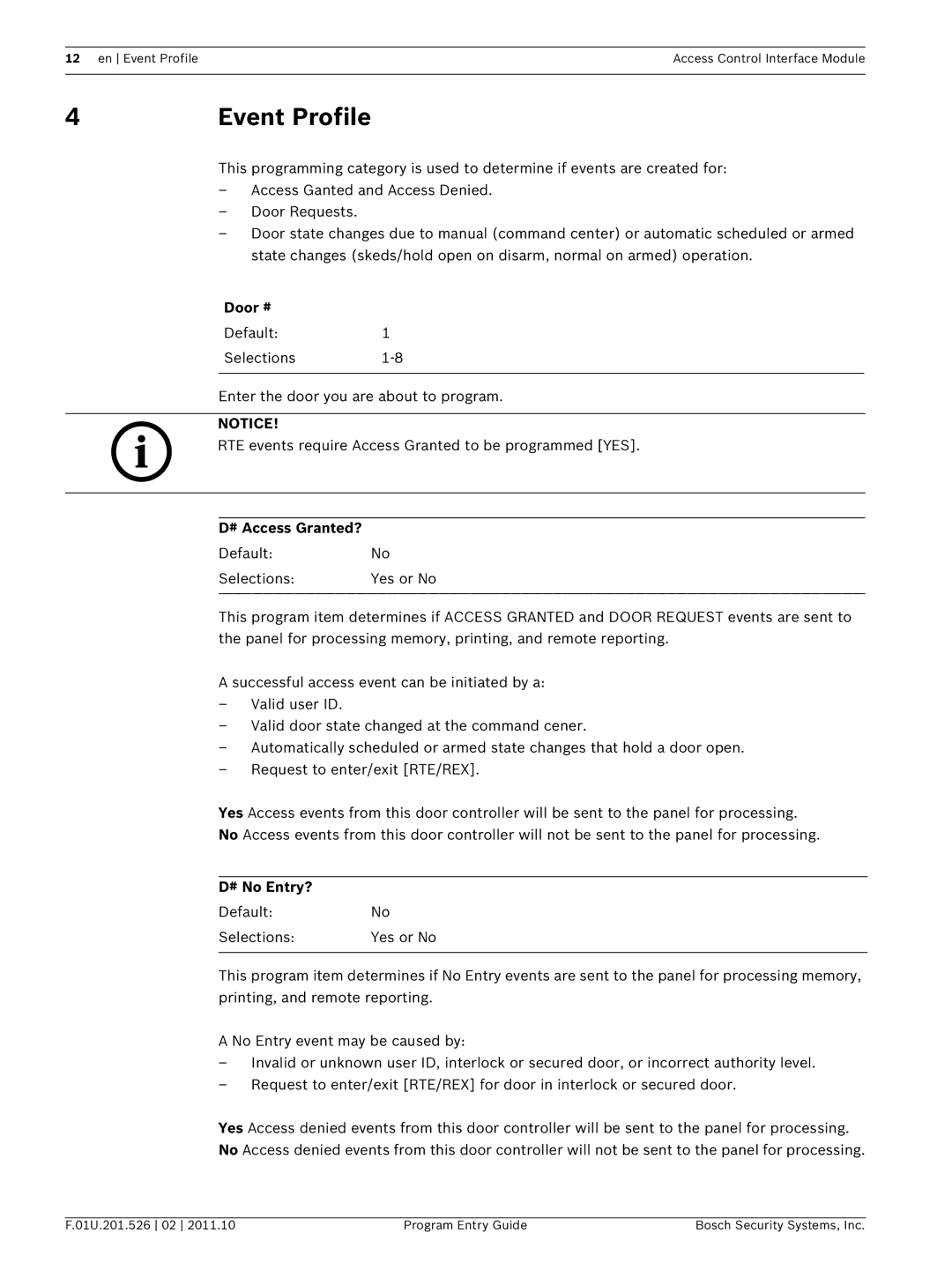 Bosch Appliances D9210C manual Event Profile, # Access Granted?, # No Entry? 